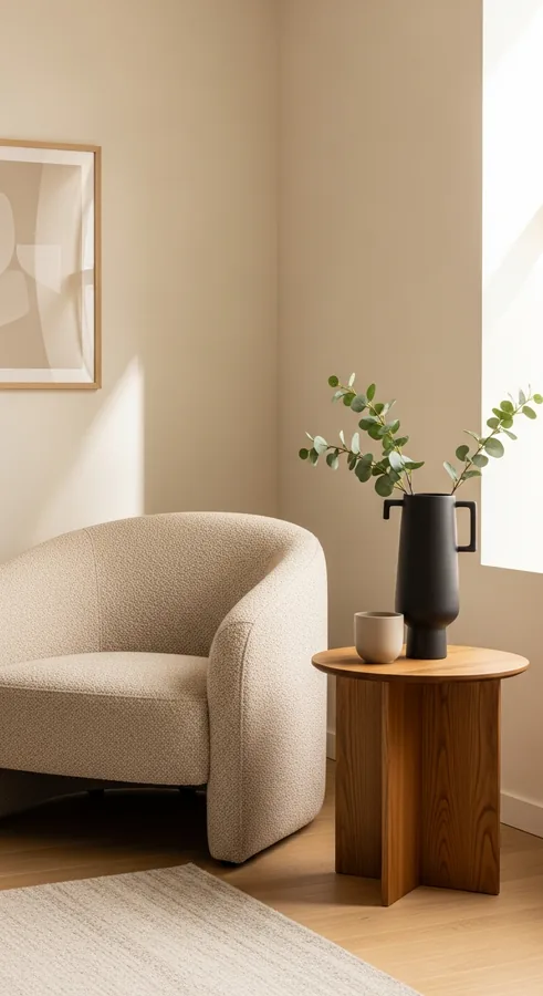 Ridge & Stone — minimalist living room with chair and vase