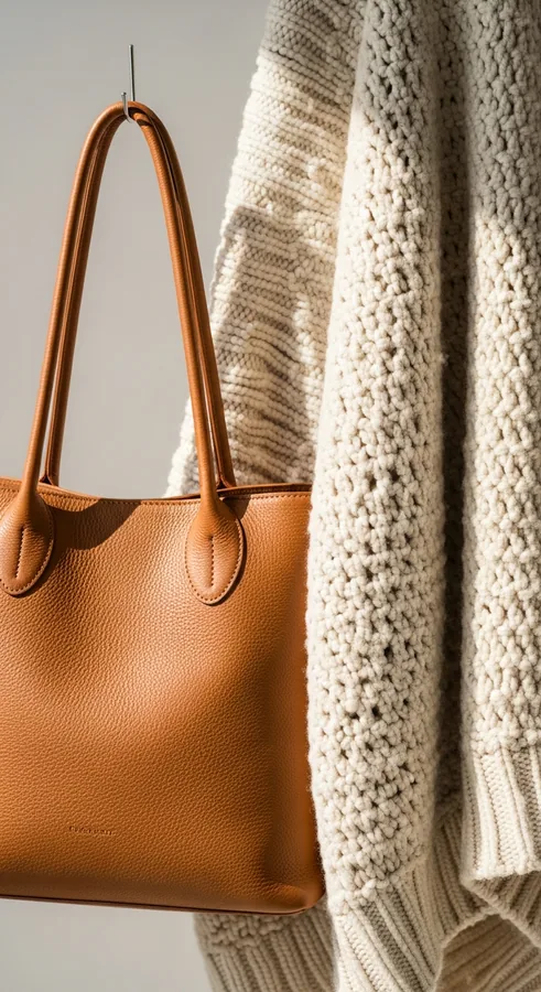 Wilder & Co. — tan leather tote bag with cream knit